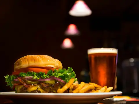 Burger and fries with a beer