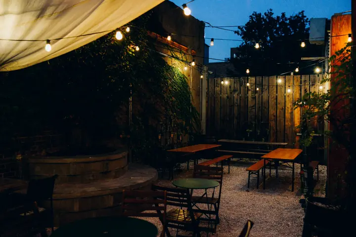 Patio with string lights at dusk